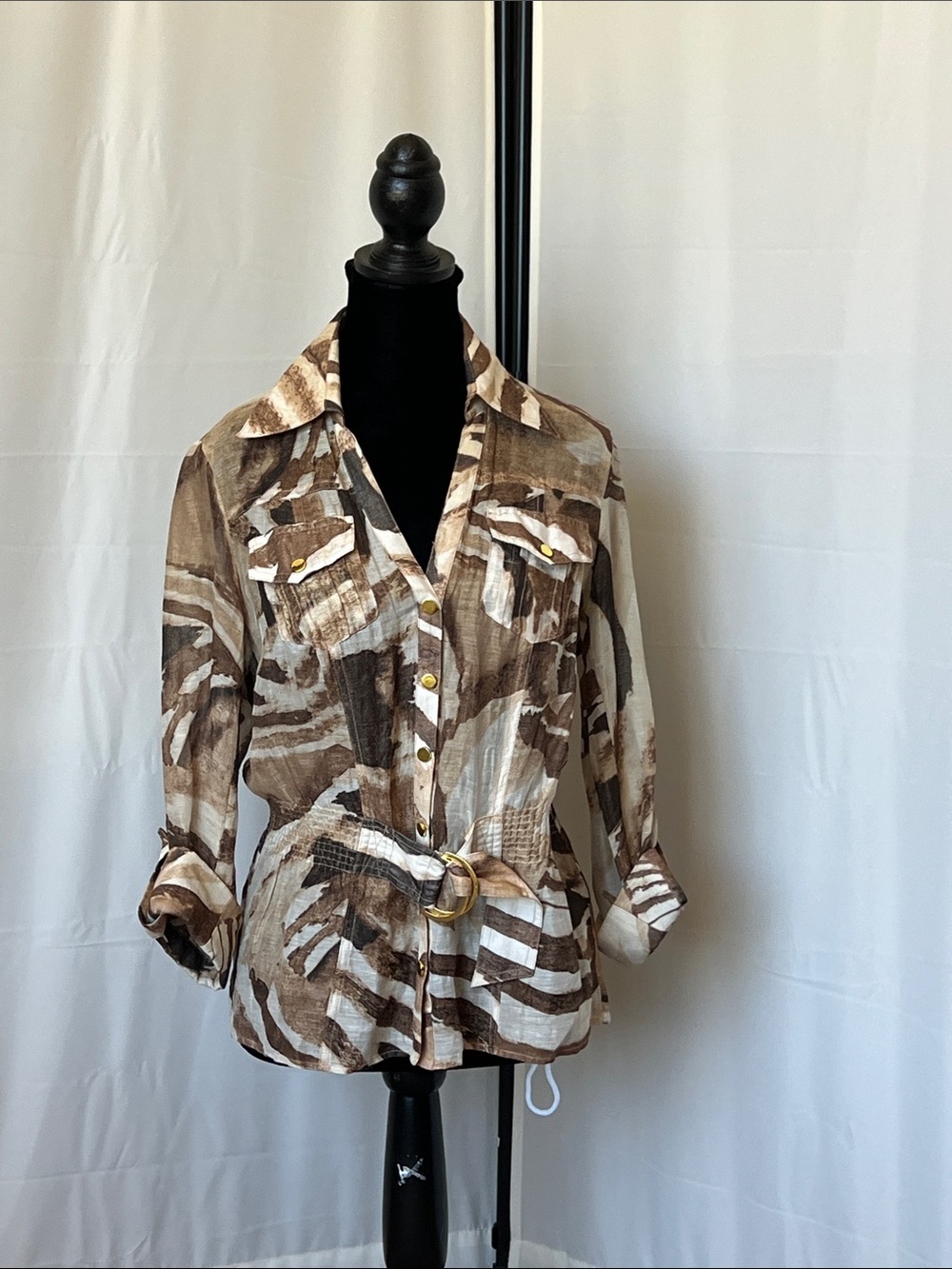 Cache Brown and Cream Abstract Print Linen Blouse with Belt
